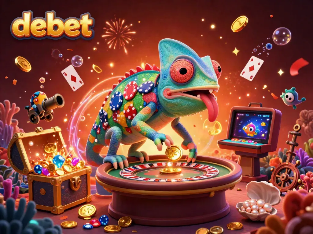 Engage in thrilling gameplay at debet with a vibrant casino scene featuring a chameleon owner and dynamic treasures.