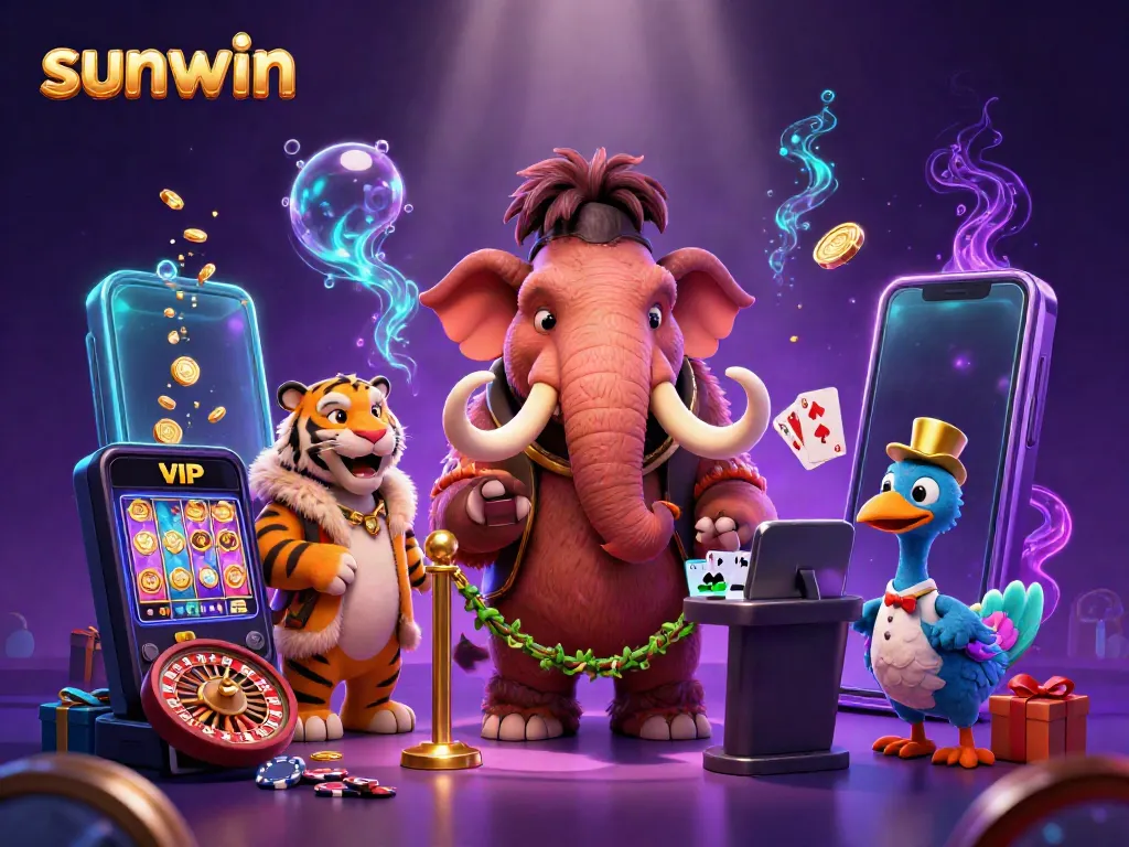 Experience excitement at sunwin as a woolly mammoth checks IDs at a vibrant casino entrance.