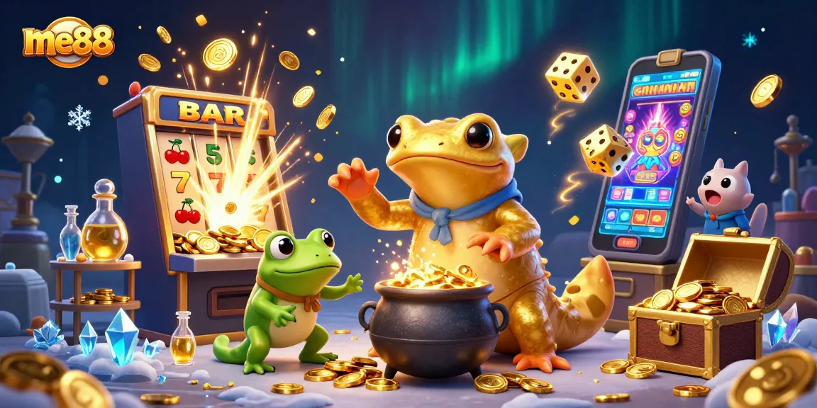 Watch me88's vibrant casino adventure with a golden salamander, froggy assistant, and jackpot slots!