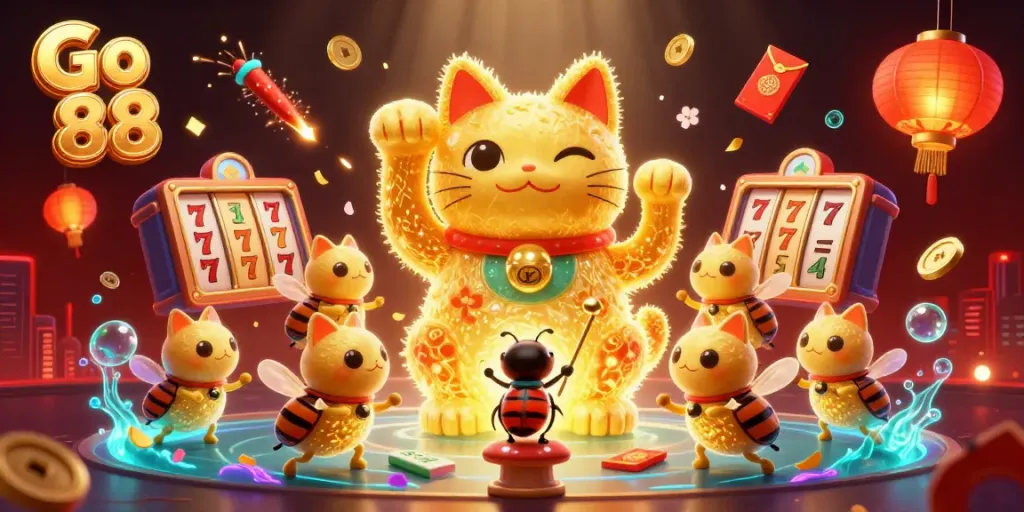 Experience the excitement of Go 88 with dynamic casino symbols in a vibrant illustration.