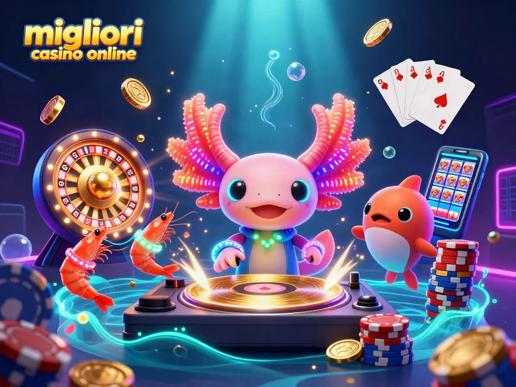 Cattura l'azione ai migliori casinò online con un DJ axolotl luminescente e personaggi del mare in festa.