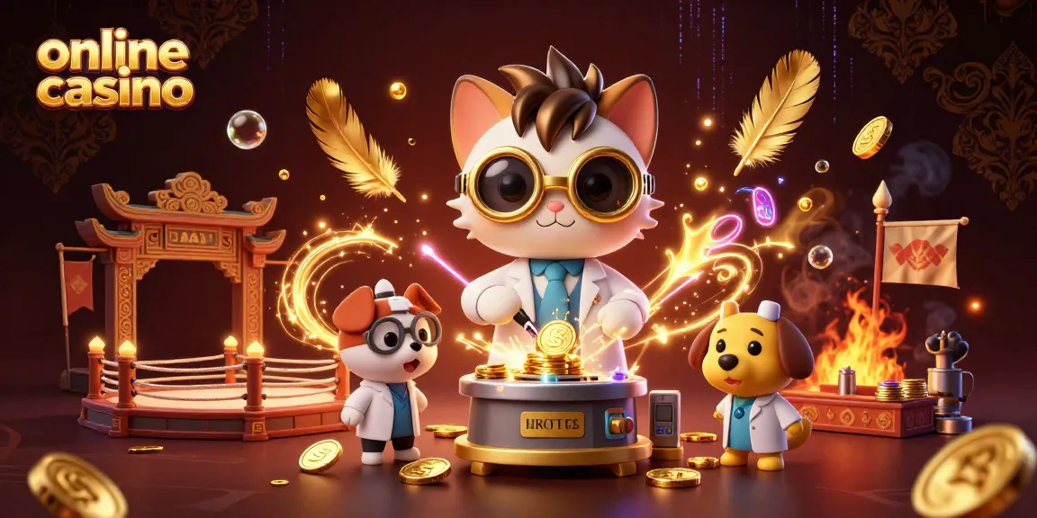 Enchanting online casino scene with a mad scientist cat and loyal dog creating gold coins.