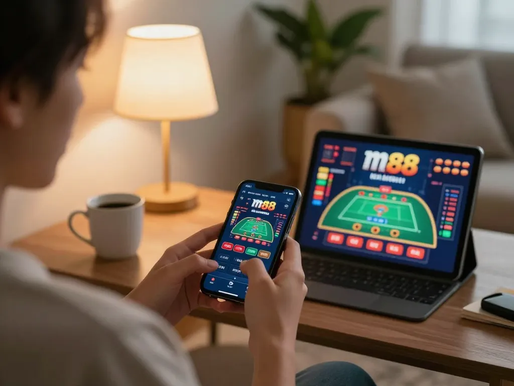 การเล่นเกมคาสิโนมือถือที่ เว็บคาสิโน m88 โดยแสดงให้เห็นถึงบุคคลที่มีสมาธิกับการเล่นออนไลน์