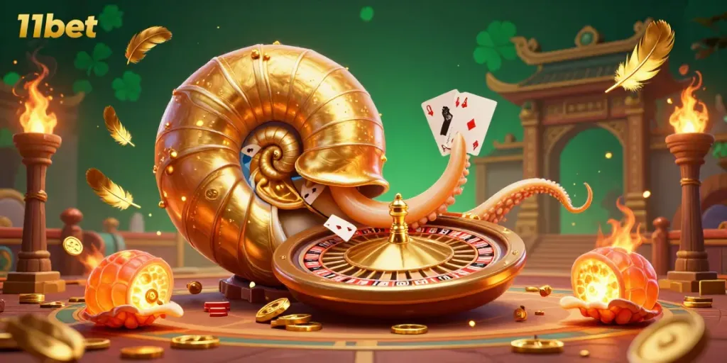 Play exciting games at 11bet with a vibrant casino-themed illustration featuring a giant nautilus roulette wheel.