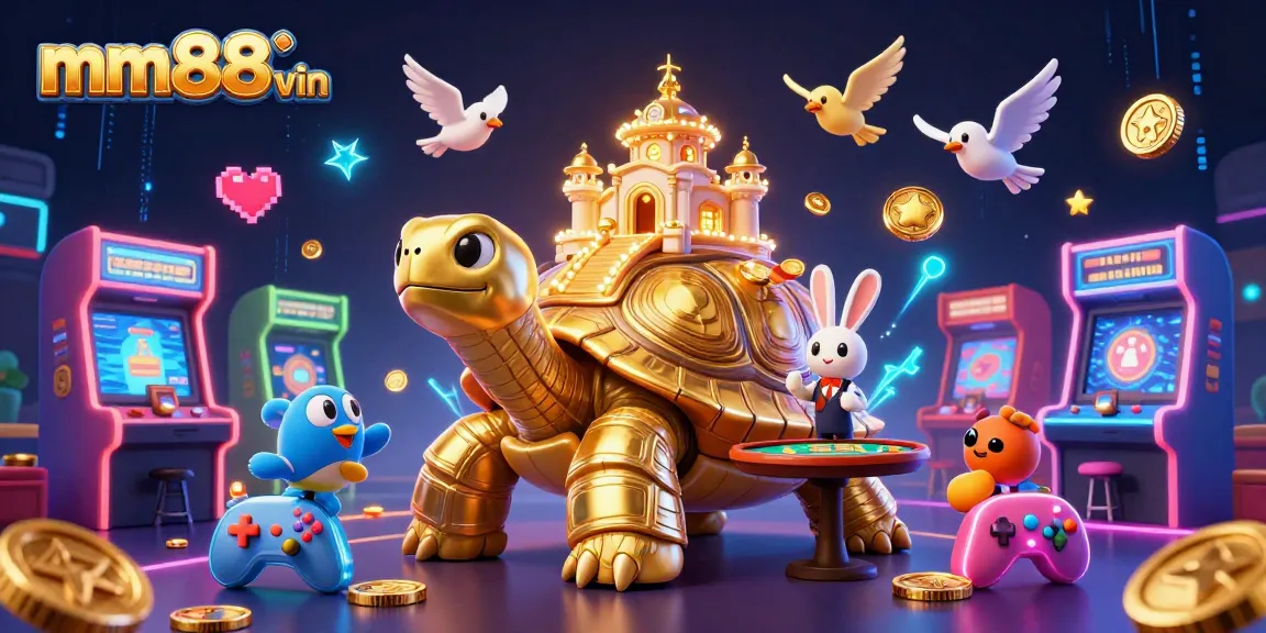 Engage with mm88vin's thrilling casino experience featuring a golden tortoise, rabbit dealer, and dynamic arcade elements.