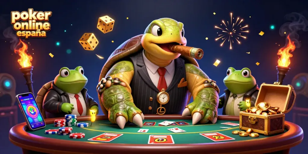 La escena de póker online en España con personajes animados y elementos de casino, incluyendo fichas y cartas.
