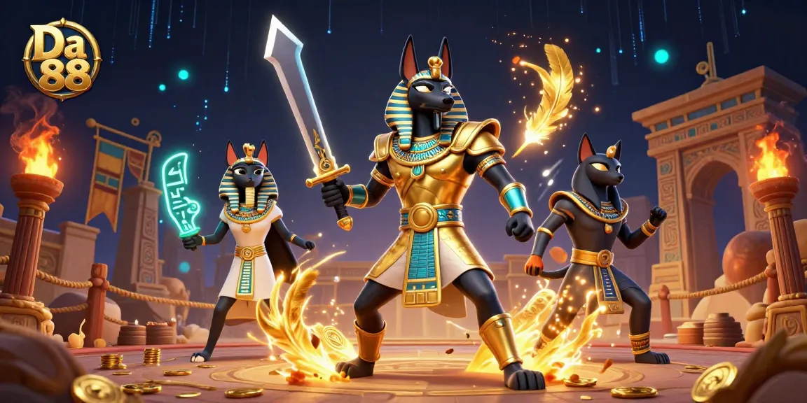 Bet on Da 88 featuring Anubis and Bastet in a vibrant gambling arena.