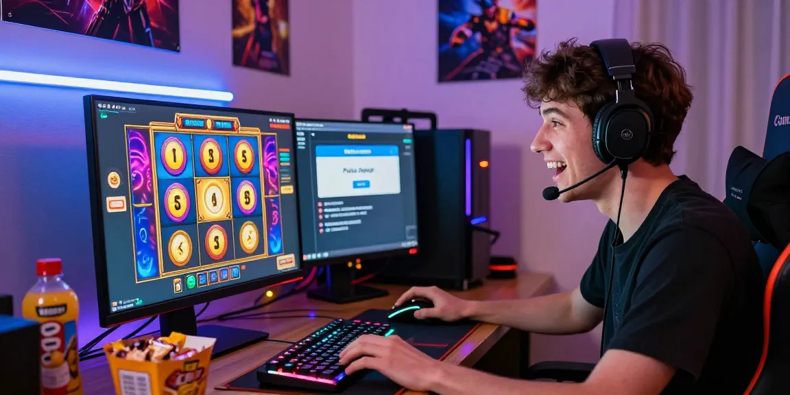 Player enjoying online slots with depo pulsa 10k tanpa potongan in a vibrant gaming setup