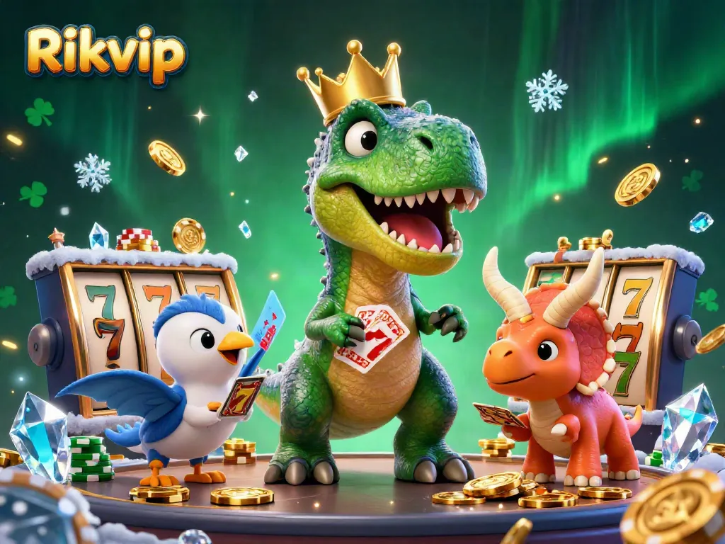 Rikvip: A fun and vibrant illustration featuring a T-Rex, pterodactyl, and triceratops in a casino setting.