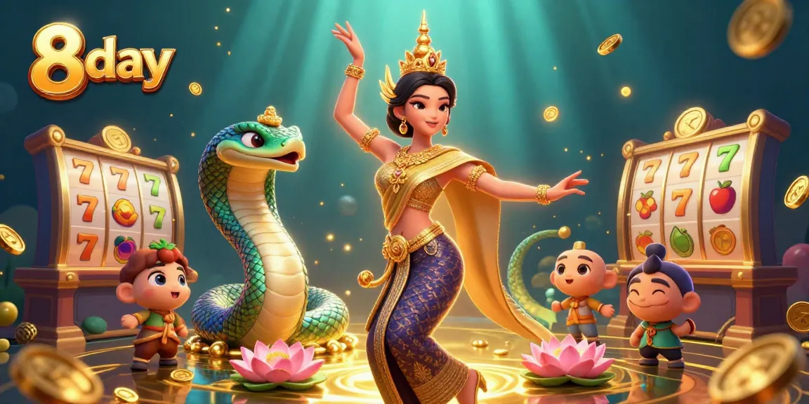 Spin for wins at 8 day casino with vibrant 3D slot reels and a beautiful Asian dancer.