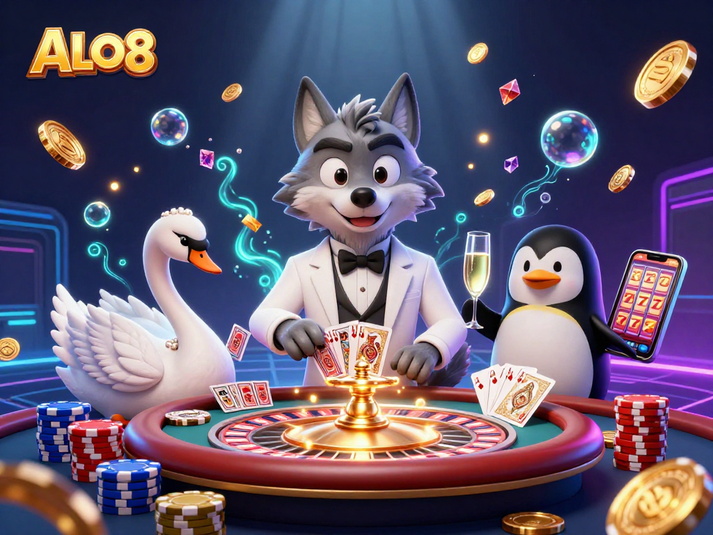 Experience the excitement at ALO8 with a debonair wolf and elegant characters at a vibrant casino scene.