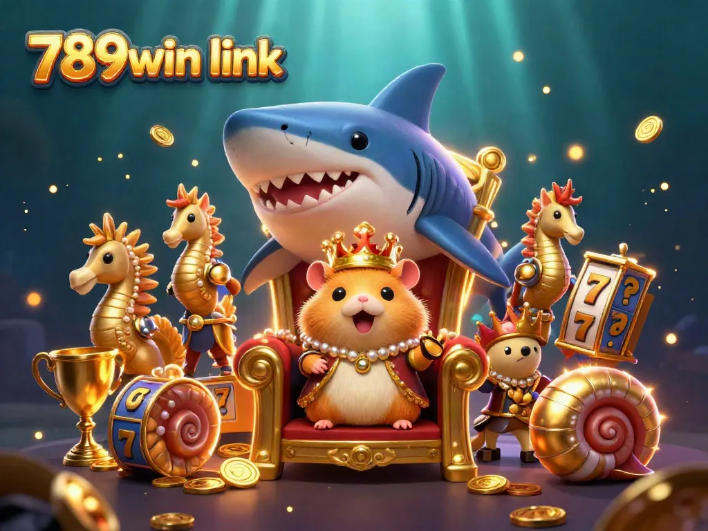Play thrilling games at 789win link, featuring a golden hamster king on a shark throne.