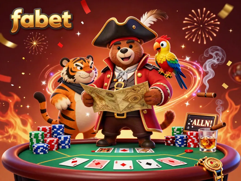 Experience the thrill of gambling with Fabet's animated pirate-themed casino scene, featuring vibrant poker elements.