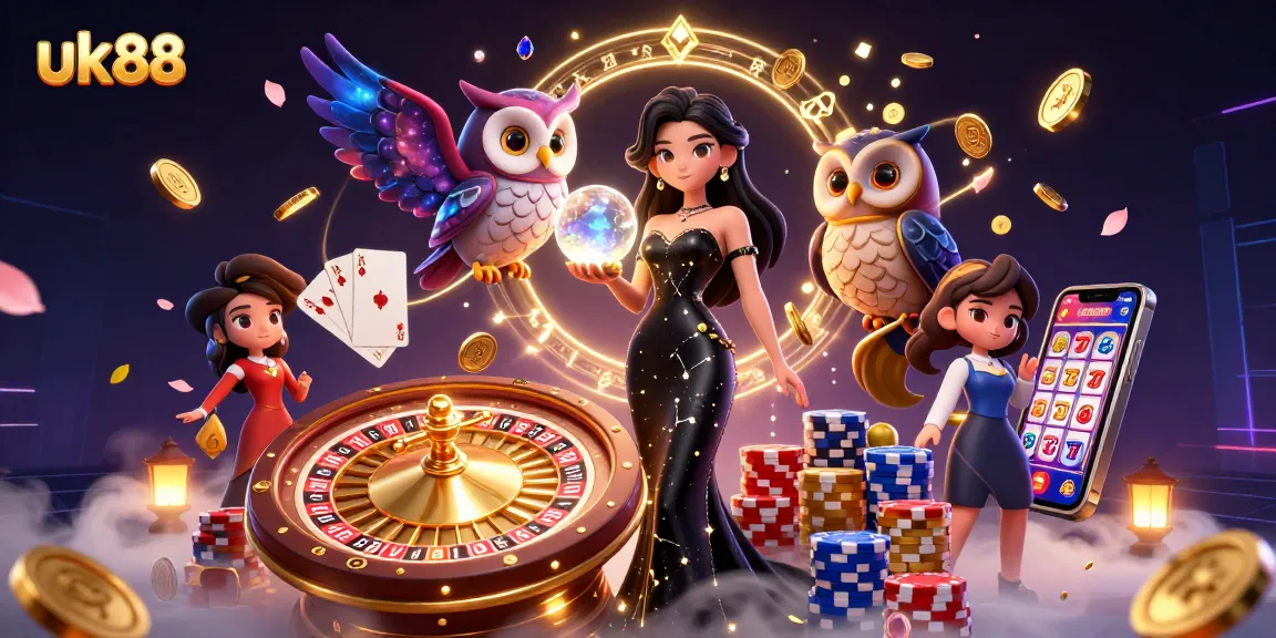 Play thrilling games at uk88 with a mystical woman, owl, and dazzling casino elements.