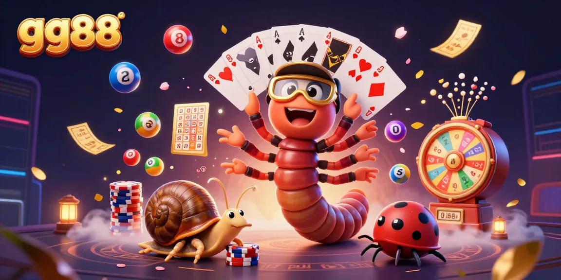 gg88 showcases an exciting casino scene with a lively millipede dealer and a high-roller snail amidst colorful gaming elements.