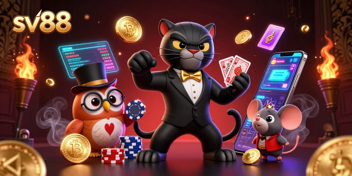 Engage with sv88's thrilling casino games while a panther deals cards elegantly amid crypto excitement.