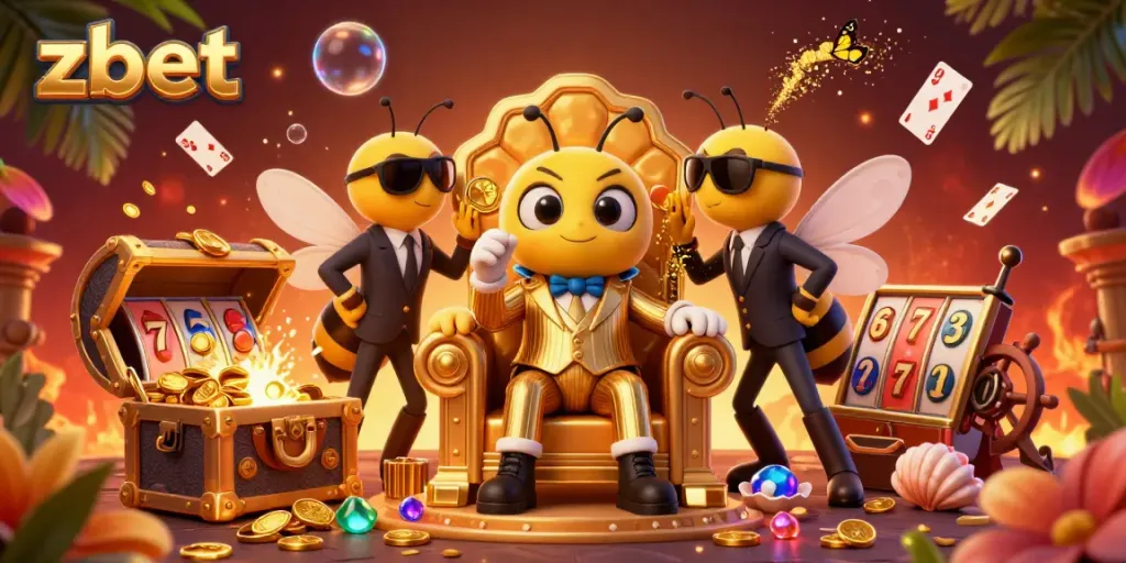 Zbet showcases a vibrant casino scene with a bumblebee mob boss amidst colorful slots and treasure, capturing the thrill of online gaming.