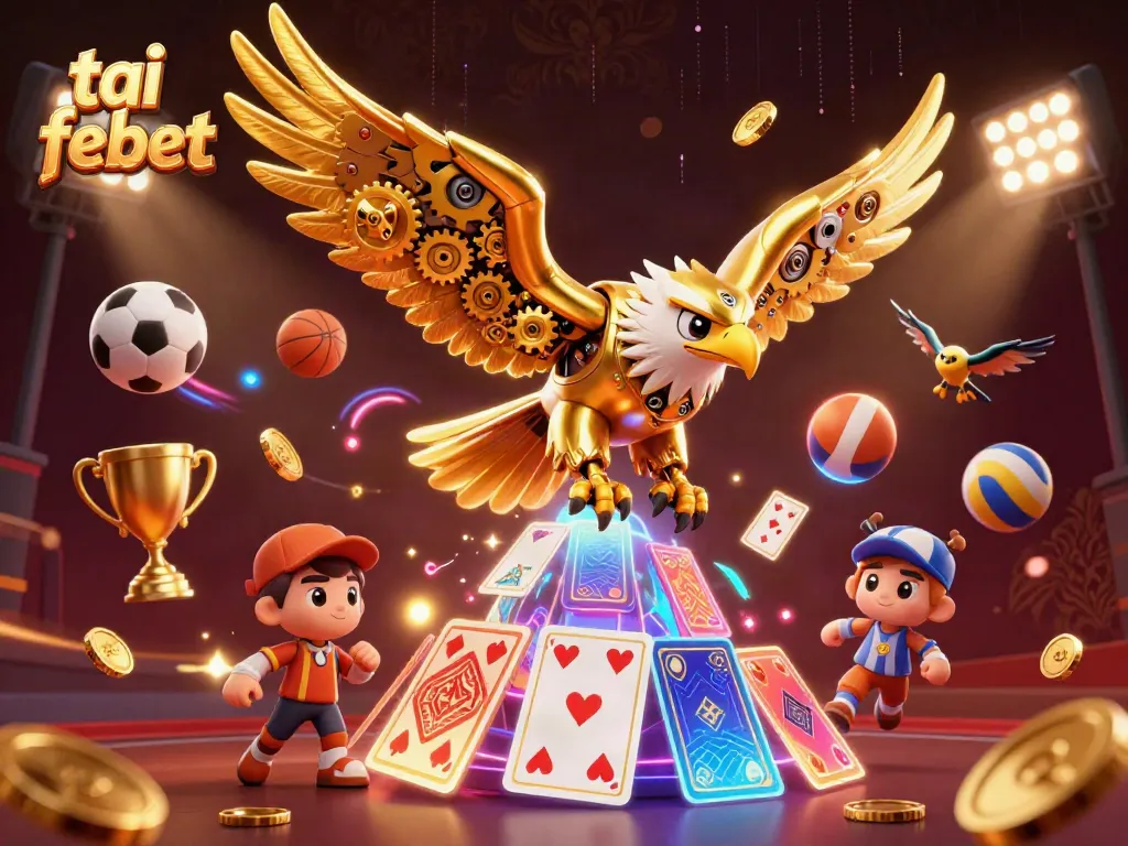 Experience the excitement of tai febet with this vibrant 3D casino illustration featuring a golden eagle and sports elements