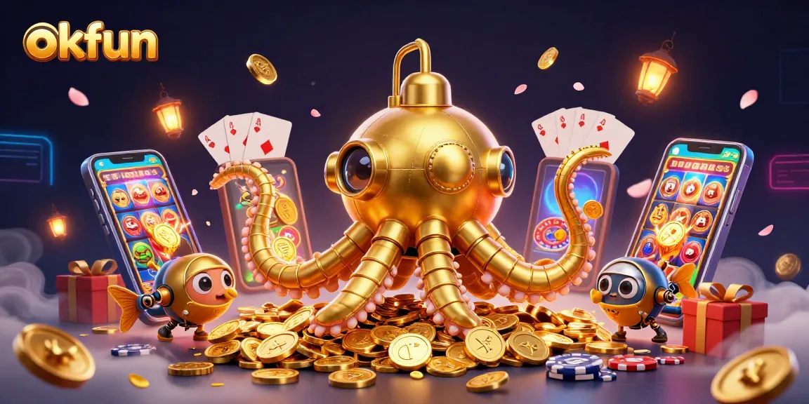 Engage with okfun's dynamic casino experience featuring 3D animated kraken and immersive game elements.