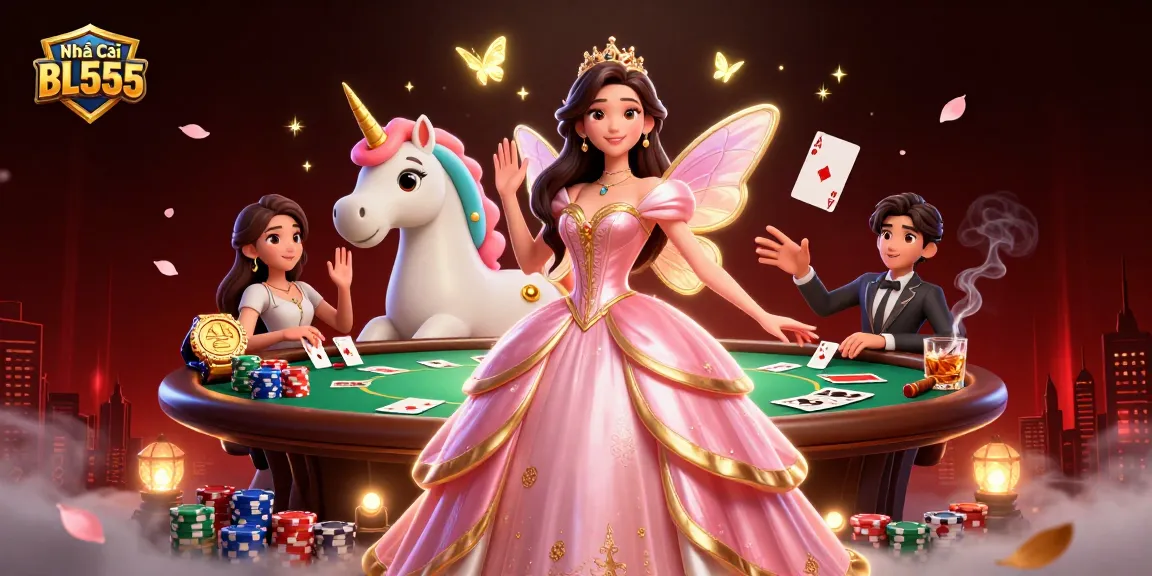 Engage with Nhà Cái BL555 as glamorous characters explore an exciting 3D casino environment with poker elements.