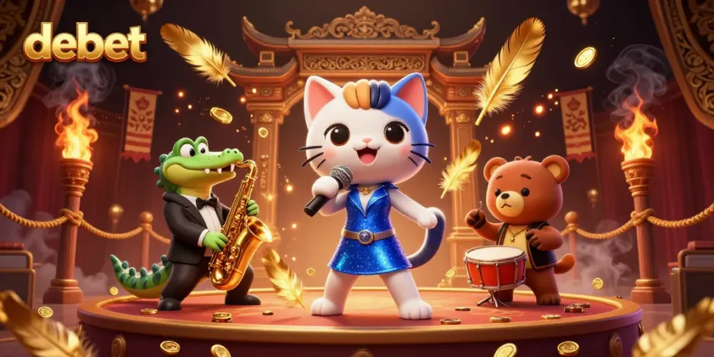 Engage in thrilling gameplay at debet with our vibrant casino characters surrounded by dynamic game elements.