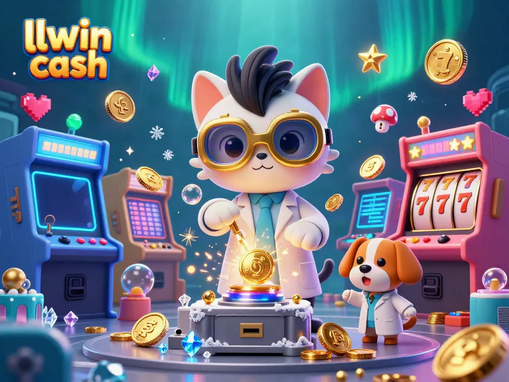 Experience the thrill of llwin cash with an exhilarating scene of vibrant 3D gaming elements and characters creating gold coins.