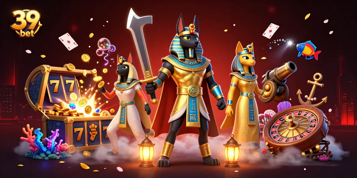 Win big with 39 bet in an animated scene featuring Egyptian warriors and casino elements.