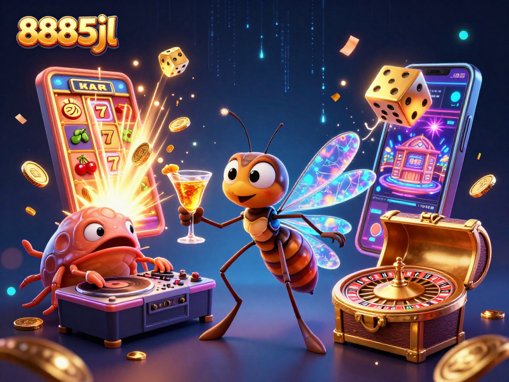 Experience thrilling action with 8885jl as casino mascot and elements explode in vibrant colors.