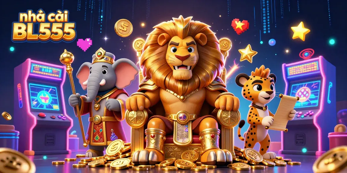 Experience the thrill at nhà cái BL555 with roaring lion king, vibrant game elements, and majestic atmosphere.