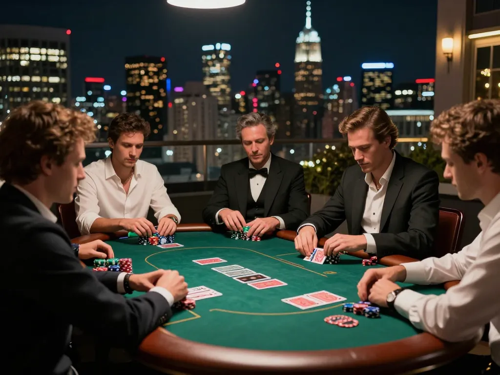 Players at an upscale casino enjoying poker at fabet, showcasing strategic gameplay with colorful chips and cards.