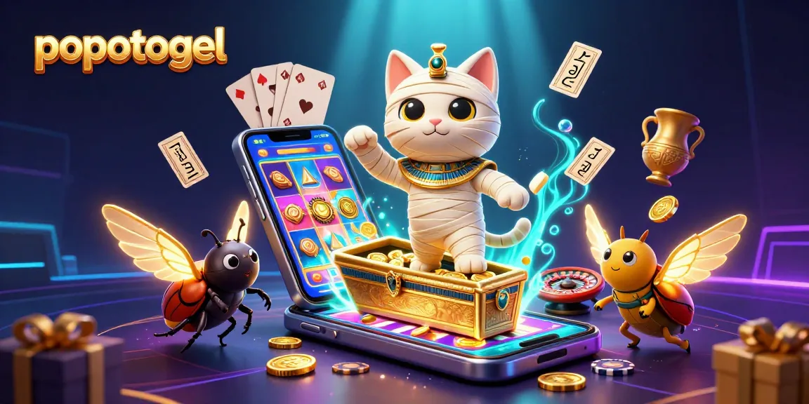 Experience popotogel's vibrant casino adventure with a mummy cat and scarab, enriched by dynamic gaming elements.