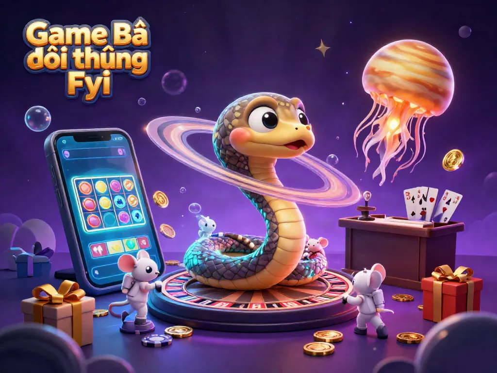 Engaging illustration of Game Bài Đổi Thưởng Fyi with cartoon characters in a vibrant casino scene.