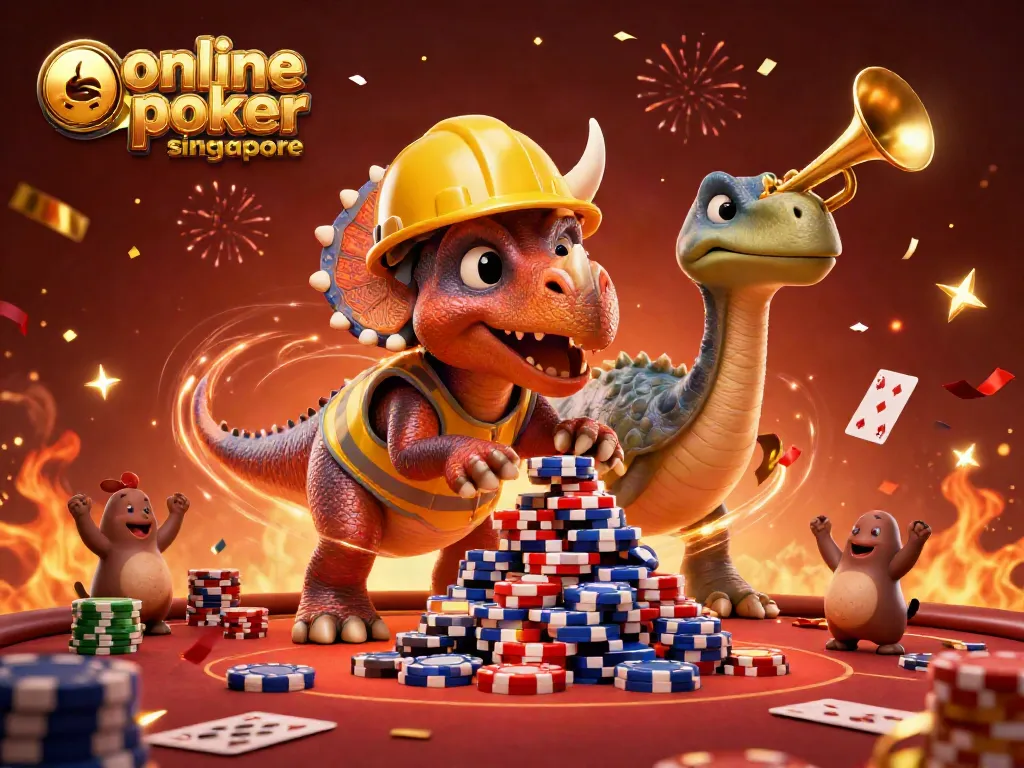 Join the excitement of online poker Singapore with cheerful characters celebrating around poker elements.