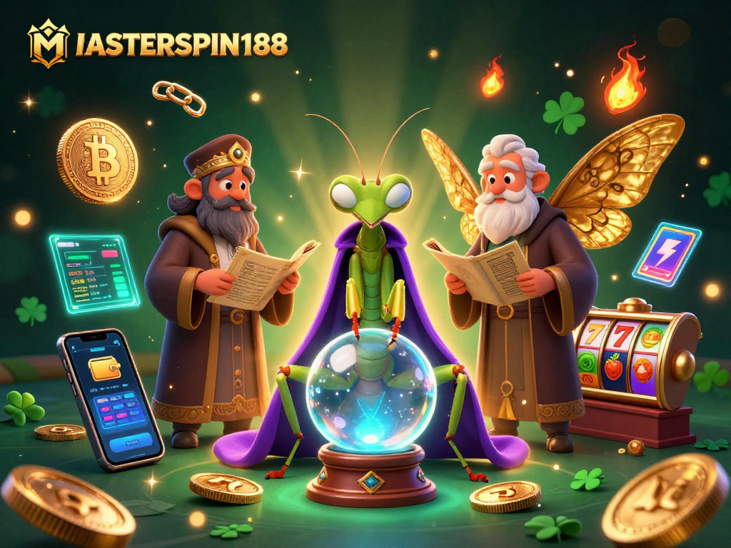 Activate your luck with MASTERSPIN188 in this vibrant casino adventure illustration.