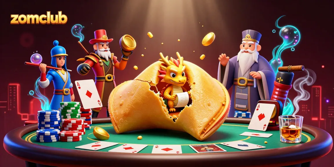 Engage with Zomclub's thrilling casino games surrounded by vibrant 3D characters and golden treasures.