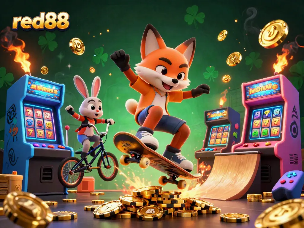 Experience thrilling gameplay with red88 in this vibrant 3D casino illustration featuring casino characters and exciting game elements.