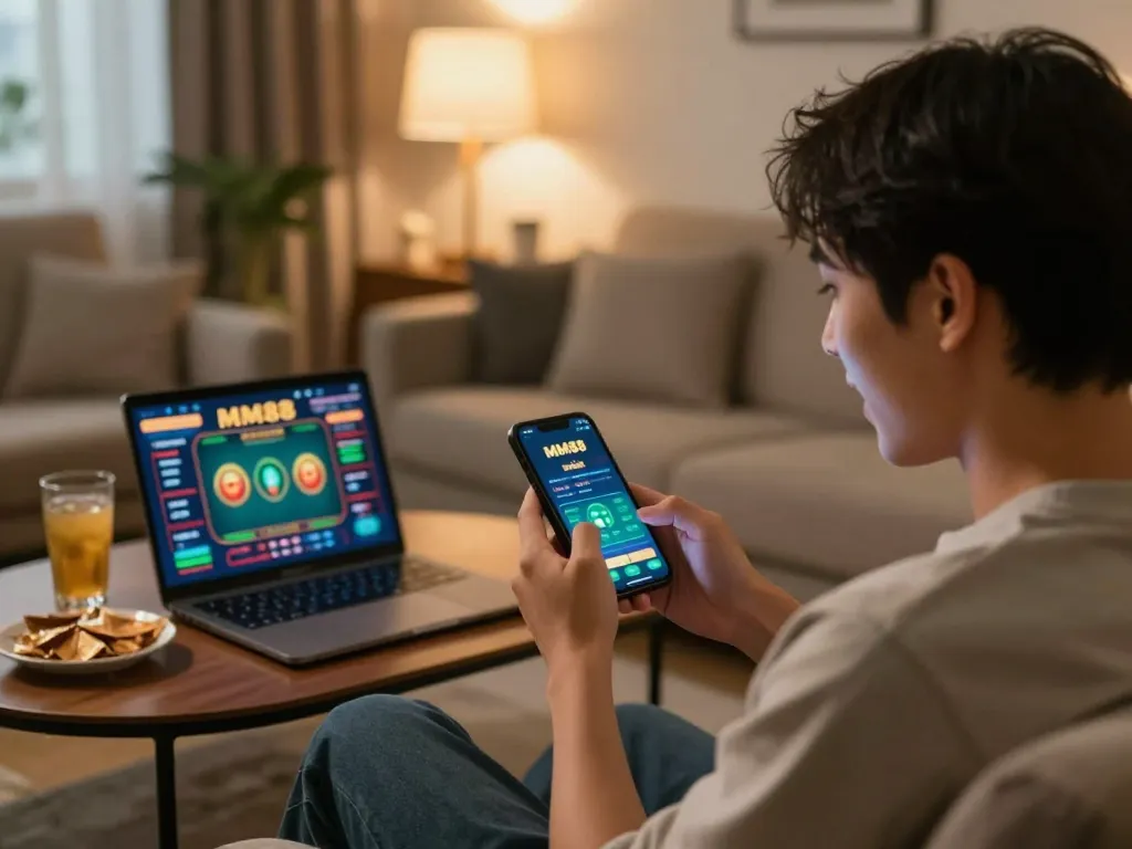 Engaging with Nhà cái MM88 app for dynamic online betting in a cozy home setting.