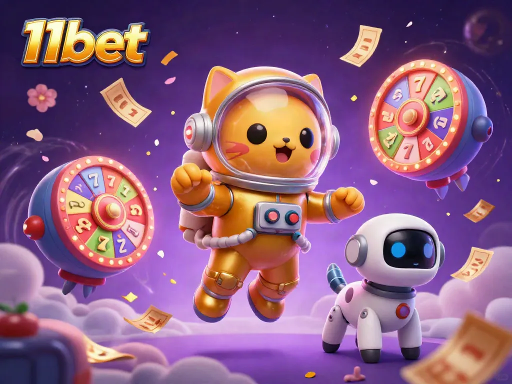 Experience thrilling online gaming at 11bet with a vibrant scene featuring a playful astronaut cat and robot dog.