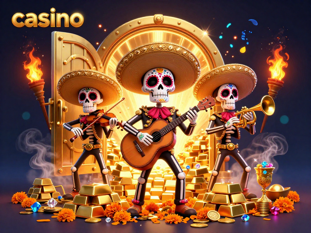 Experience the vibrant atmosphere of a casino with a lively mariachi band amidst treasures and jewels.