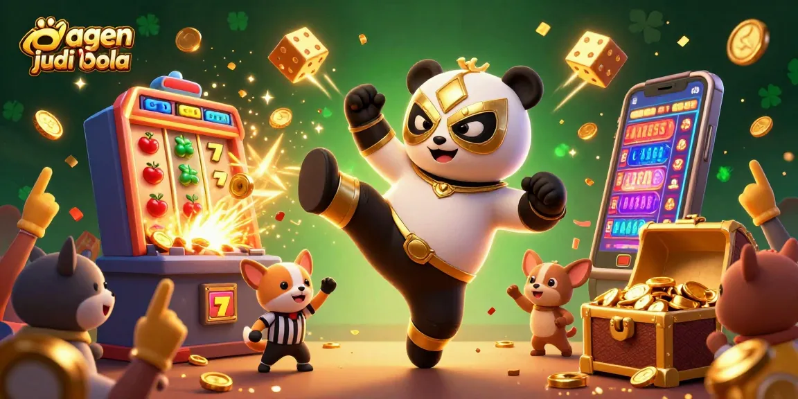 Experience the excitement of agen judi bola with a dynamic scene of a panda wrestler and casino elements.