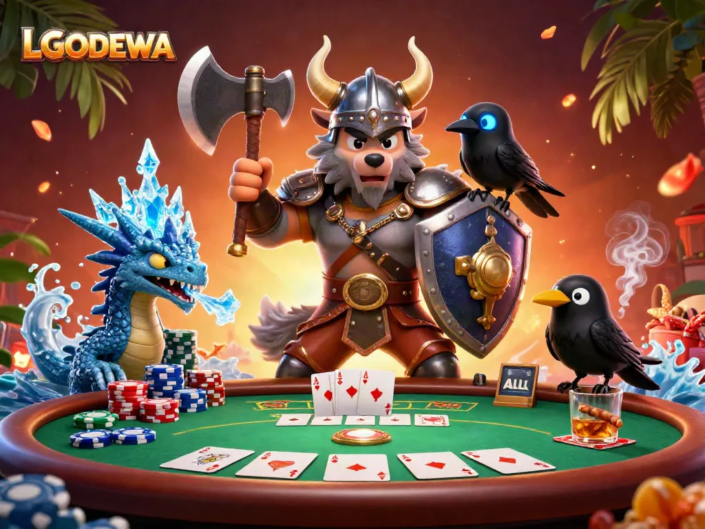 Engage with LGODEWA's gaming universe showcasing a Viking warrior, dragon, and poker elements.