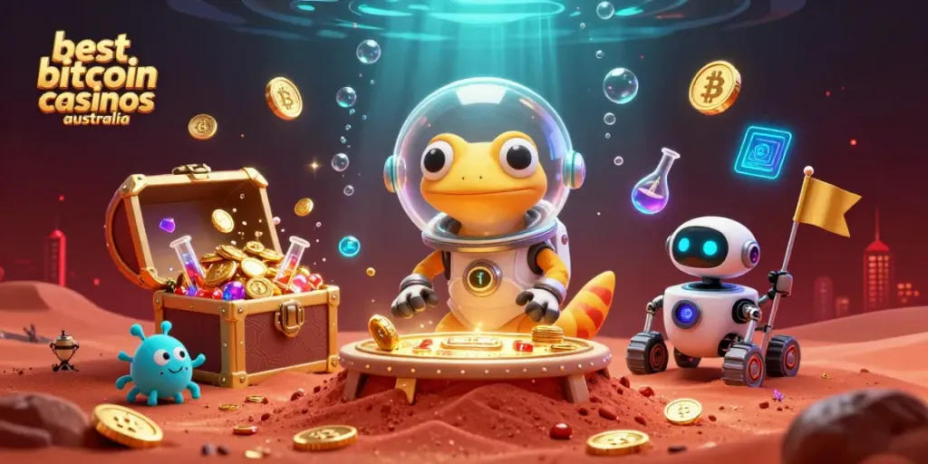 Engage in the best bitcoin casinos australia experience with a vibrant 3D illustration showcasing crypto elements and a Martian gecko.