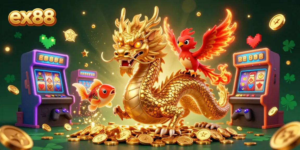 Join the excitement at ex88 with a fierce dragon, phoenix, and koi fish in an enchanting gaming scene.