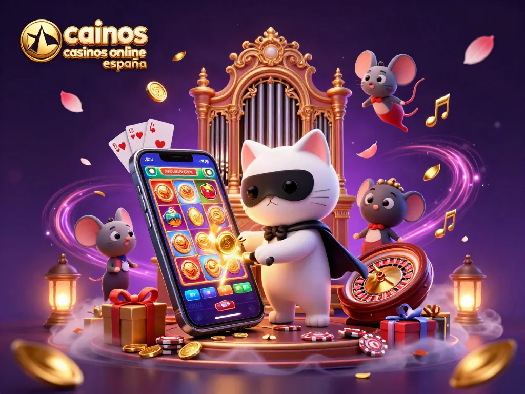 Ilustra los mejores casinos online en España con un gato y un ratón en una animada escena de casino.