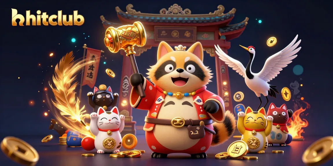 hitclub celebrates luck with a cheerful tanuki, samurai crane, and waving fortune cats in vibrant 3D design.