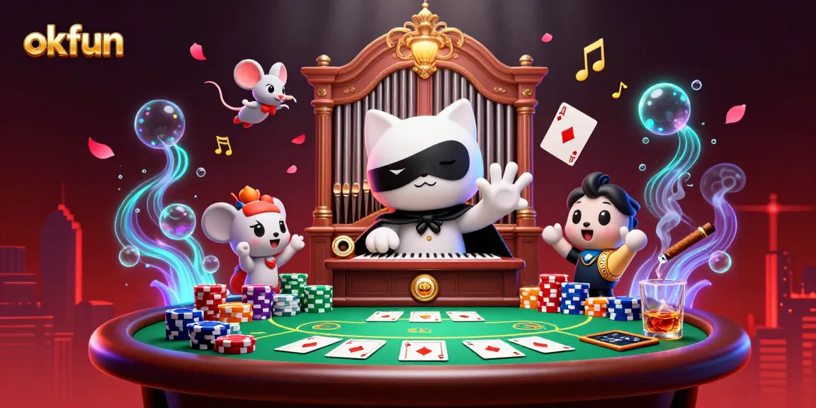 Engage in thrilling gameplay with okfun at an ornate casino scene featuring vivid characters and rich game elements.