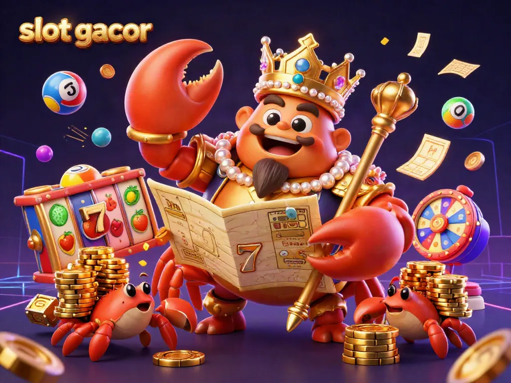 Experience the excitement of slot gacor with a vibrant scene featuring a golden crab emperor surrounded by dynamic slot game elements.