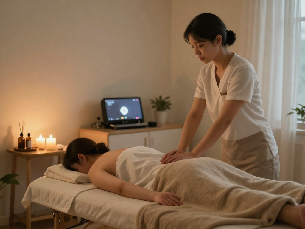 Relaxing home setting for 부평출장마사지 with a professional massage therapist preparing the space, soft lighting, and calming decor.