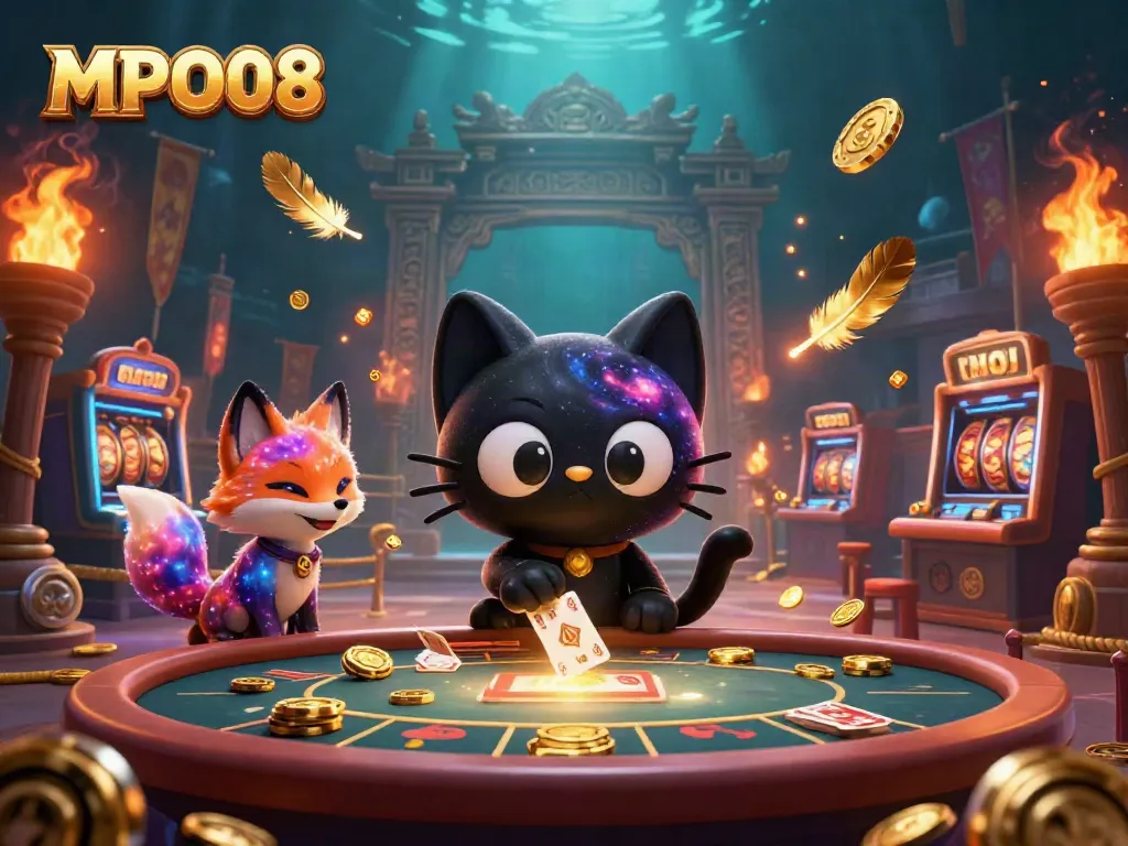 Experience the excitement of MPO08 with a cosmic casino scene featuring a black hole cat and nebula fox.