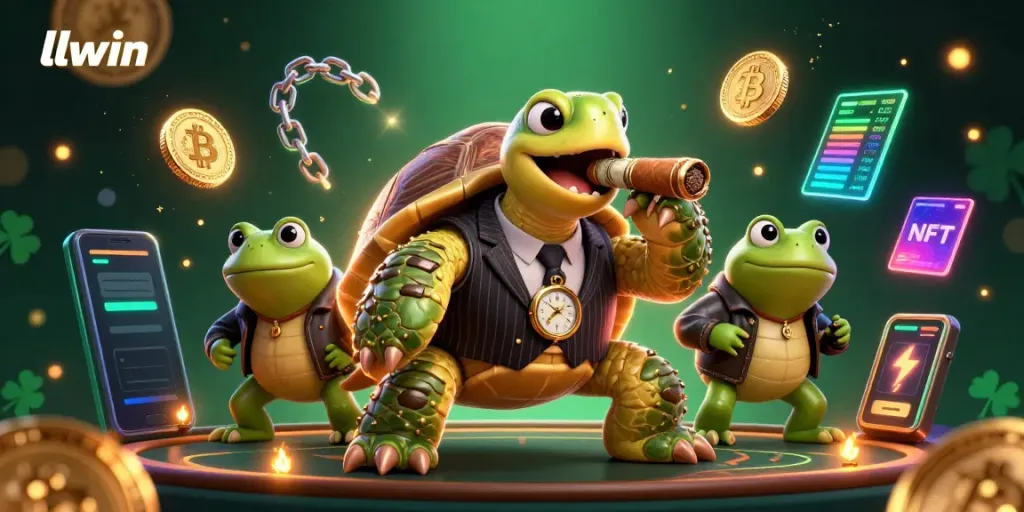 llwin screen showcasing a lively casino scene with animated characters and glimmering coins